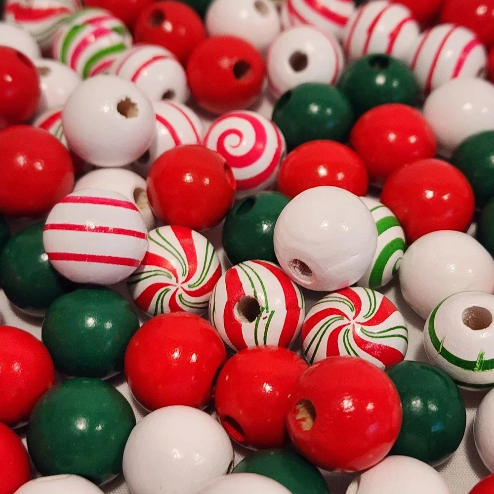 Christmas Wooden Beads Red Green White Peppermint Stripe Spiral Bulk Craft Lot